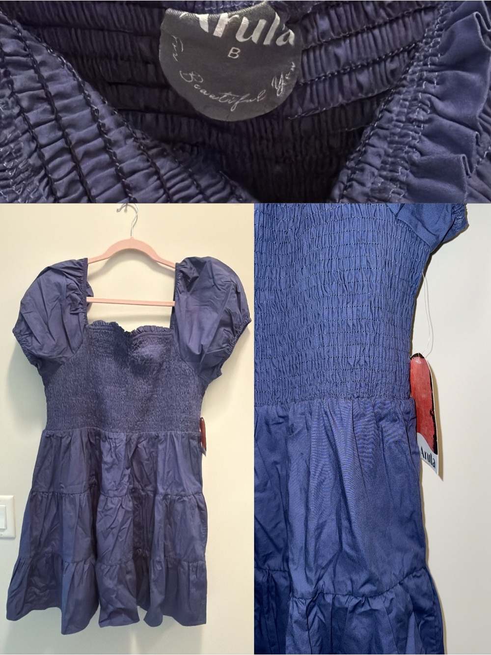 ARULA Navy Blue Smocked Puff-Sleeve Tiered Dress